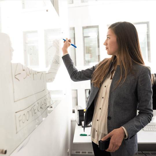 School Leader Strategically Planning, writing on a whiteboard.