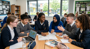 Diverse students working together in classroom